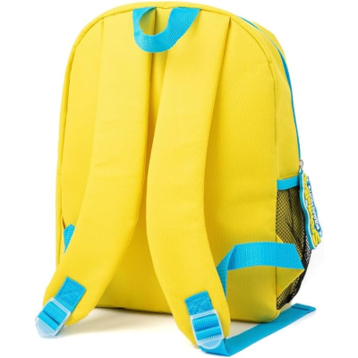 Mochila amarela com alças e detalhes azuis, vista de costas