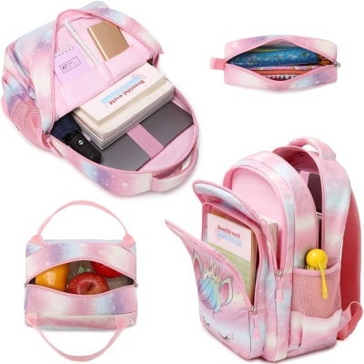 Conjunto Escolar - Mochila + lancheira térmica + porta-lápis - Unicórnio rosa arco-íris