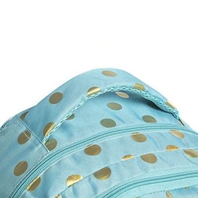 Mochila azul clara com bolinhas douradas e alça reforçada