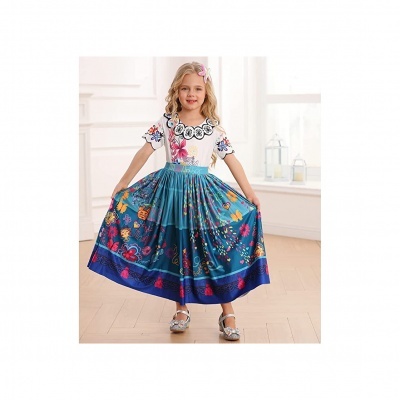 Vestido infantil azul e branco com padrões florais coloridos