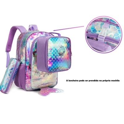 Mochila escolar holográfica roxa com lancheira e estojo