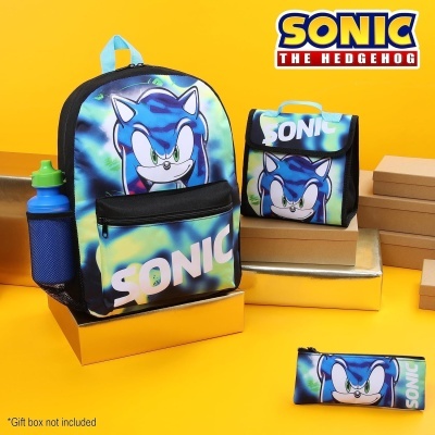 Conjunto Escolar Sonic - Mochila + lancheira + porta-lápis + porta-chaves