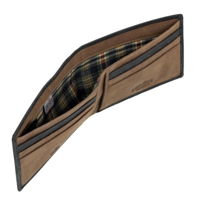 Carteira castanha e preta com interior xadrez e divisórias para cartões