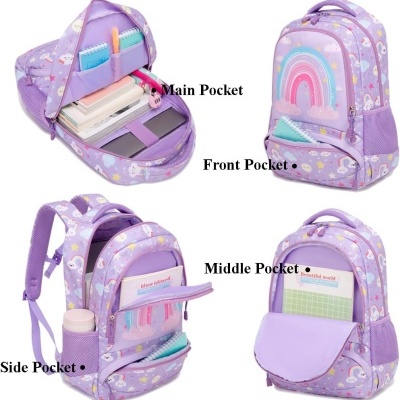 Mochila lilás com padrão de nuvens, estrelas e unicórnios com vários bolsos