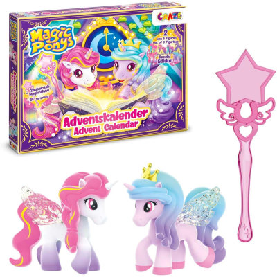 Calendário do advento Magic Ponys com duas figuras de pôneis com asas glitter e uma varinha rosa em forma de estrela