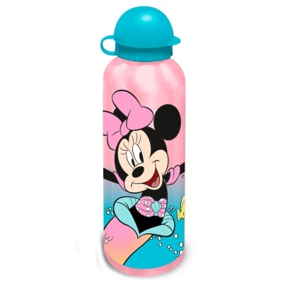 Garrafa metálica rosa com tampa azul e desenho da Minnie Mouse azul e rosa