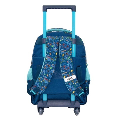 Mochila azul escura com carrinho de rodas e alças estampadas com padrões coloridos