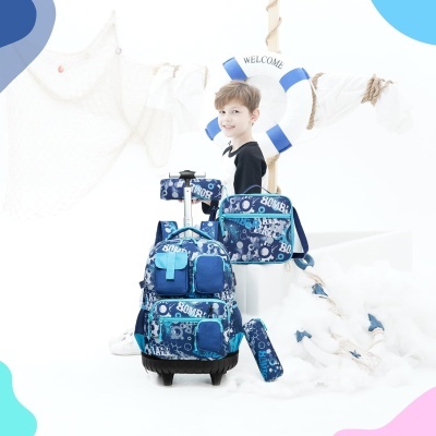 Conjunto de mochila azul com padrão branco, mochila pequena, estojo e decoração náutica