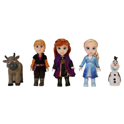 Conjunto de cinco bonecos de personagens Frozen em fundo branco