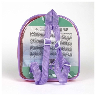 Mochila transparente com alças lilás e frisos rosa e roxo