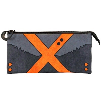 Estojo cinzento com padrão laranja em forma de X e fecho preto
