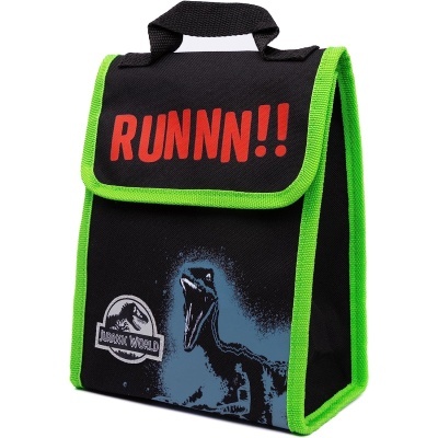 Saco térmico preto com bordas verdes, texto RUNNN!! e imagem de dinossauro Jurassic World