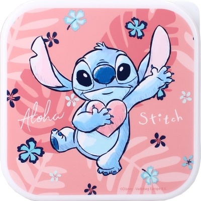 Caixa quadrada rosa com Stitch segurando um coração e textos Aloha e Stitch.