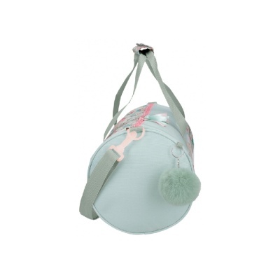 Mala de desporto cilíndrica azul claro com alças verdes e pompom