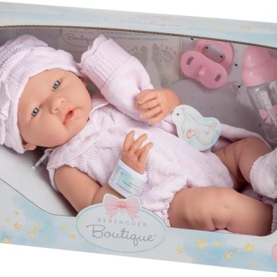 Boneca Bebé em caixa transparente com roupa rosa e acessórios em embalagem decorada