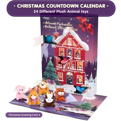 Calendário do Advento de Natal com peluches de animais e casa vermelha