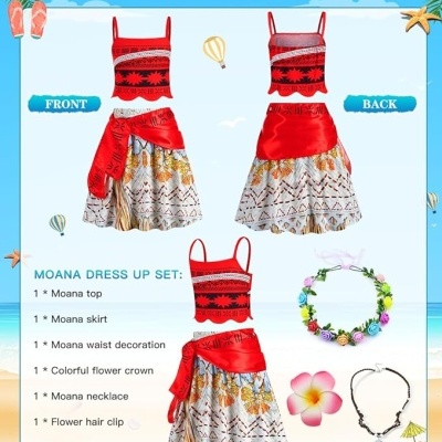 Conjunto fantasia Moana com top, saia, decoração cintura, coroa flores, colar e presilha em fundo praia.