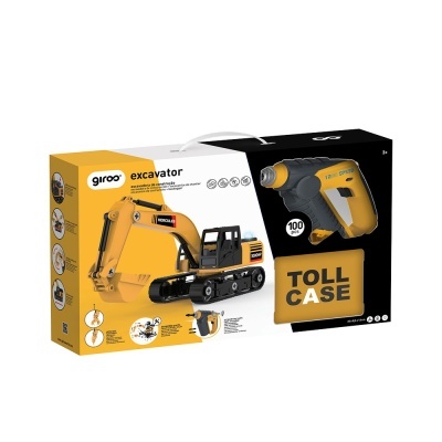 Caixa de brinquedo com escavadora e pistola de parafusos