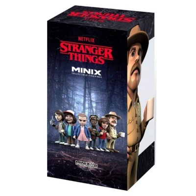 Caixa de brinquedos colecionáveis Stranger Things da Netflix com personagens miniatura em caixa preta