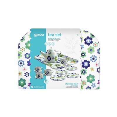 Conjunto de chá infantil em aço inox com padrão floral azul, verde e lilás