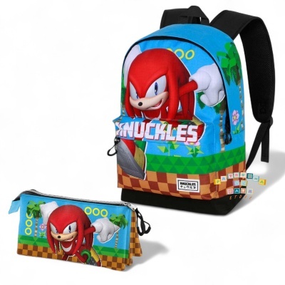 Conjunto Escolar Run Knuckles Sonic the Hedgehog - Mochila Escolar 44cm + porta-lápis triplo