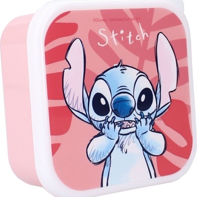 Recipiente rosa com tampa branca e imagem do Stitch