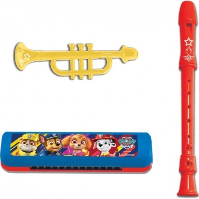 Conjunto de brinquedos musicais em plástico com trompete amarelo, flauta vermelha e harmónica azul/vermelha com personagens Pat'Patrouille