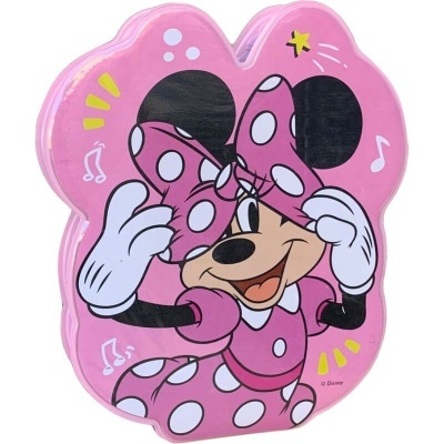 Estojo rosa em formato de flor com Minnie Mouse desenhada e motivos musicais