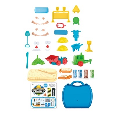 Conjunto organizado de brinquedos de construção coloridos com mala azul e cartão 'My Project'