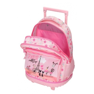 Mochila rosa infantil com padrão de flores e bolso frontal transparente com desenhos