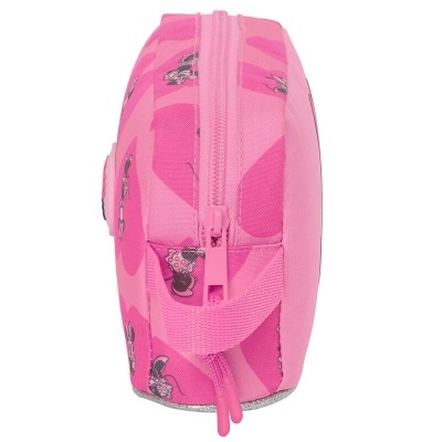 Estojo rosa com personagens desenhados e fecho de correr rosa