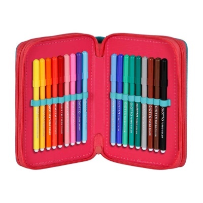 Estojo aberto com 16 canetas de feltro MOLTO coloridas organizadas em elásticos dentro de estojo rosa