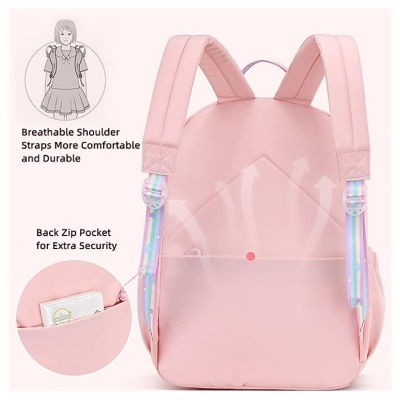 Mochila rosa com alças acolchoadas e bolso traseiro com fecho