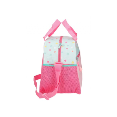 Mala de transporte branca com flores e detalhes rosa