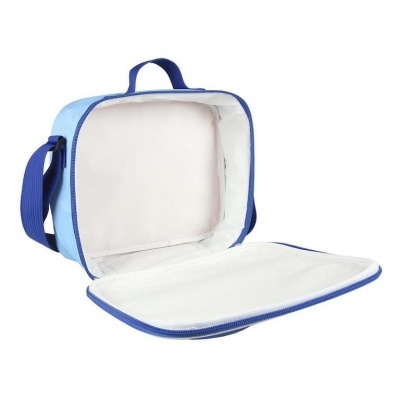 Bolsa térmica azul claro aberta com interior branco e alça azul