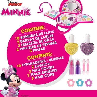 Conjunto maquilhagem Minnie Disney Junior com sombras, barras, esmaltes e pincéis em estojo rosa
