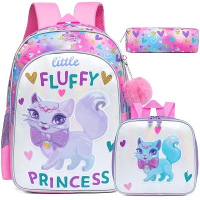 Conjunto Escolar Gatinha Fluffy Princess - Mochila Escolar + Lancheira + Porta-lápis