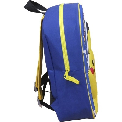 Mochila infantil azul e amarela com fecho amarelo e rosto amarelo na frente