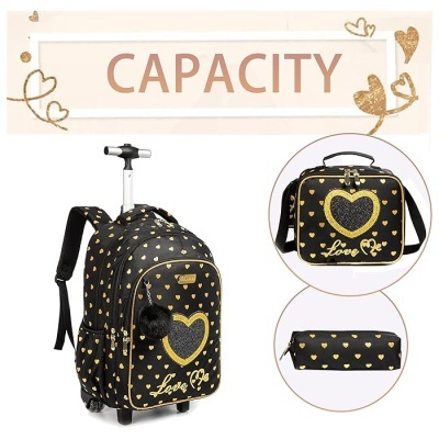 Conjunto de mochilas pretas com corações dourados e frases em dourado