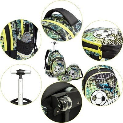 Conjunto escolar com mochila de carrinho e acessórios com padrão bolas de futebol