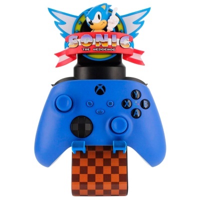 Comando Xbox azul com suporte quadriculado e acessório Sonic