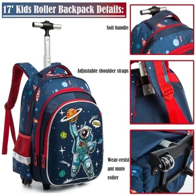 Mochila com rodas infantil azul com desenho de astronauta e planetas