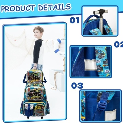 Mochila infantil azul com carrinho e estampas de monstros e texto colorido