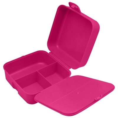 Marmita de plástico cor de rosa com divisão interior e tampa aberta