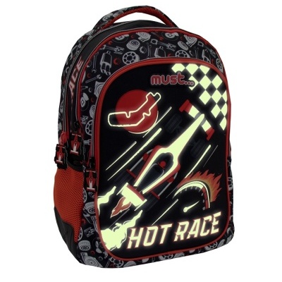 Mochila preta com tema de corrida e texto 'HOT RACE'