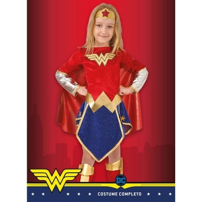 Fantasia infantil da Wonder Woman vermelha, azul e dourada com capa e acessórios