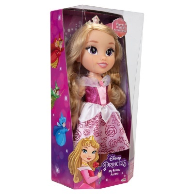 Boneca Disney Princess Aurora com vestido rosa em caixa.