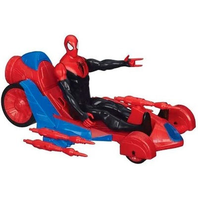 Carrinho de brinquedo Homem-Aranha vermelho, azul e preto com figura e armamento.