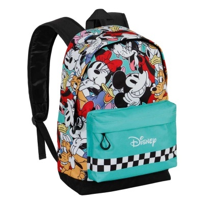 Mochila colorida dos personagens Disney com bolso frontal azul turquesa e padrão xadrez.