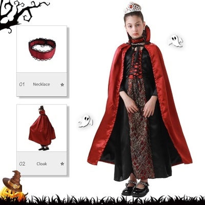 Criança com fantasia de vampira e acessórios de Halloween em fundo branco com desenhos temáticos.